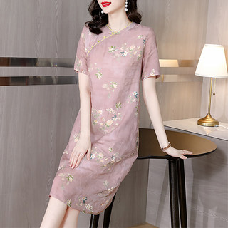 Floral Dress for Women, Summer 2025 New Style, Petite, Elegant, Stylish, Cotton and Linen Cheongsam, Mid-Length Dress