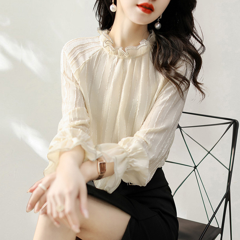Кружевная рубашка, женская одежда ранней весной и осенью 2025 года, новая модная шифоновая блузка в западном стиле, маленькая рубашка с длинными рукавами