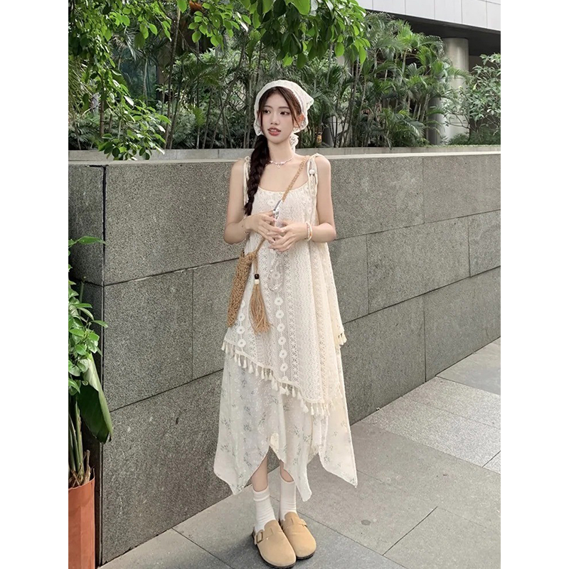 Bohemian Style Lace Suspender Dress for Women, Summer Ethnic Style Tassel Irregular Skirt Overlay Long Dress