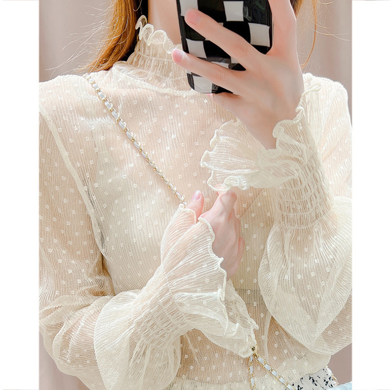 Lace-Trimmed Blouse for Women, Autumn and Winter, Stylish Inner Layer with Bell Sleeves, Thin Layered Gauze Top, High-Neck Mesh Shirt