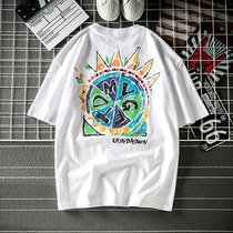 Hong Kong style hand painted graffiti short sleeve t-shirt men's summer fat ins trendy t-shirt large size loose net popular all match half sleeve