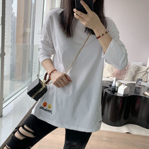 White Pure Cotton Smiley Face T-shirt Woman Long Sleeve 2022 Early Spring New Loose Hole Round Collar Inner Hitch Bottom Jersey Blouse