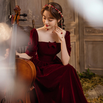 Burgundy toast bride 2021 new winter velvet engagement long French wedding evening dress women winter