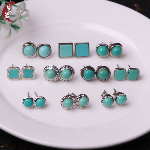 Бирюзовые бусины, серьги, оригинальная квадратная инкрустация камня, серебро 925 пробы, серебро 925 пробы, простой и элегантный дизайн