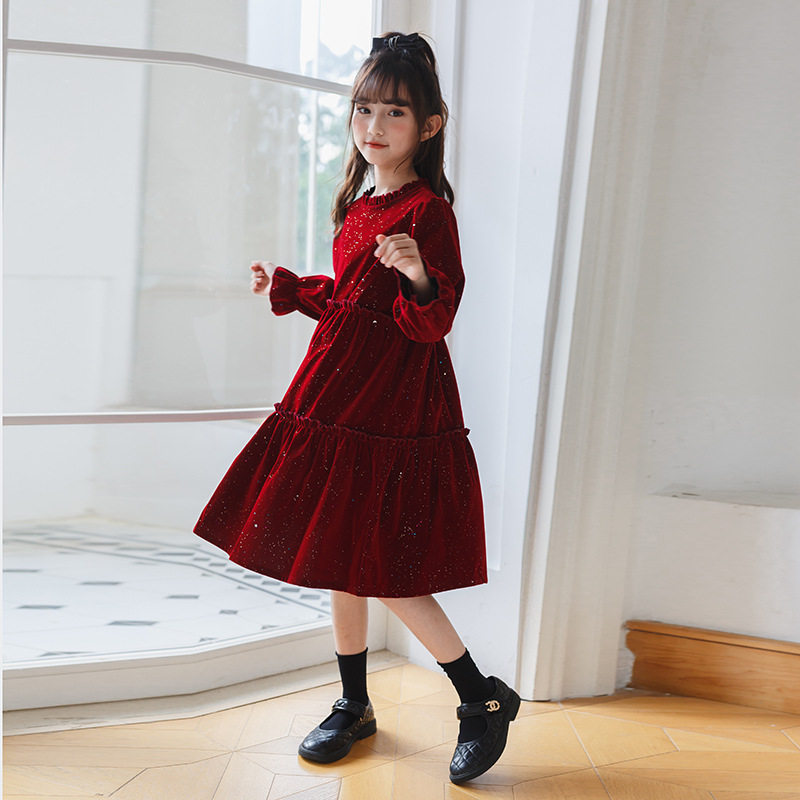Girl Autumn Winter Velvet Dress With Dress Child Korean Version Wine Red Gown Dress Chinese New Year Plus Cashmere Princess Dress-Taobao
