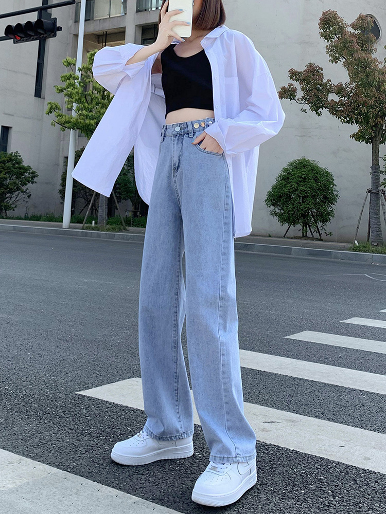 High waist wide leg jeans women's summer thin section 2021 new straight loose thin man hanging mopping pants