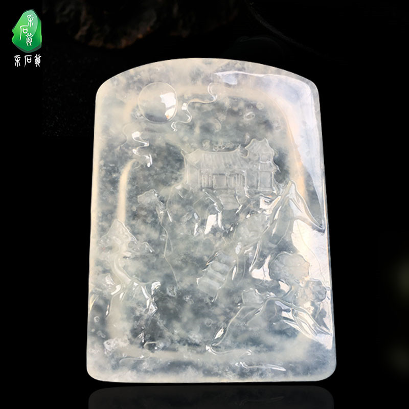 Quarry Weng natural Myanmar jade landscape brand pendant Muna snow cotton jade brand a goods Jade brand pendant