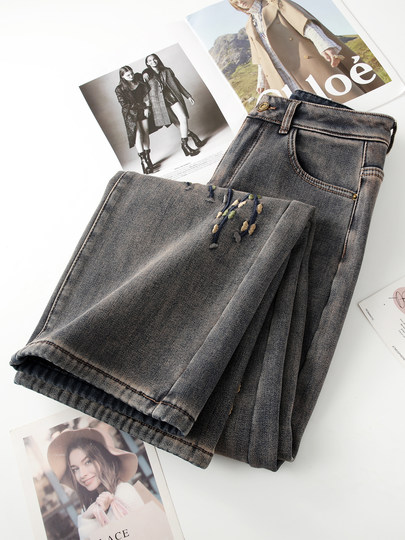 Velvet embroidered flower wide-leg jeans for women 2025 autumn and winter new style high-waisted slimming versatile warm straight trousers