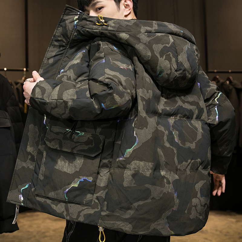 Camouflage down Jacket for Men, Trendy Brand, Winter Fleece-Lined, Thickened, American Style, Short Workwear Jacket, Men's Warm Top