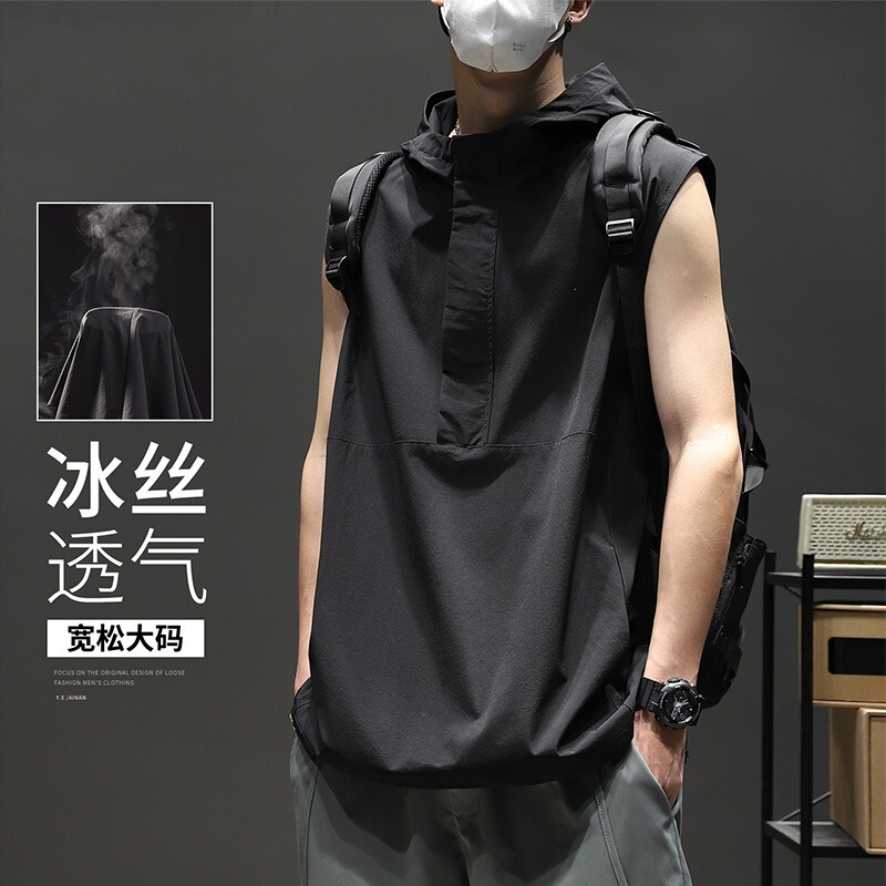 Ice Silk Hooded Vest for Men, Trendy Brand, Summer Thin Style, Loose Fit, Large Size, Sports Fitness Sleeveless T-Shirt, Casual Top