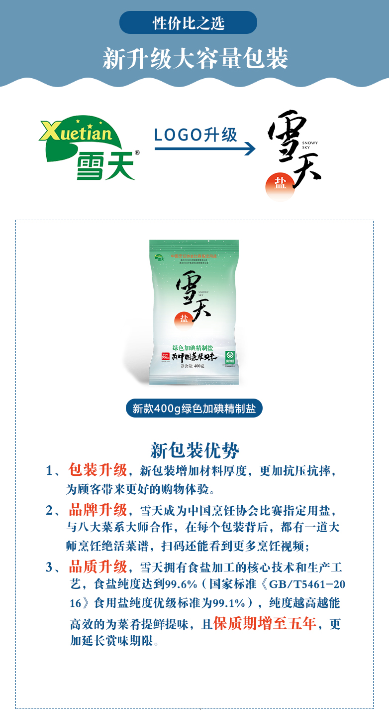 雪天  绿色加碘精制盐 400g*7袋 图2