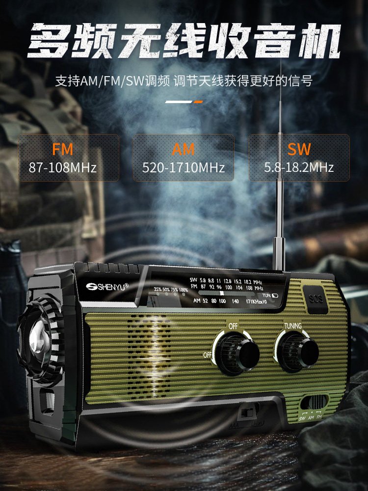 Solar-Powered Emergency Hand-Crank Radio, Disaster Prevention and Combat Readiness, Multi-Functional Power Bank, Flashlight, Doomsday Survival Kit