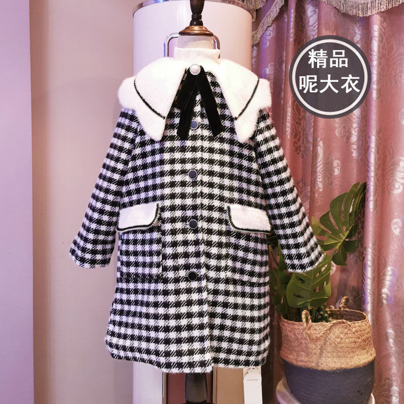 Girls' Spring and Autumn Western Style Plaid Woolen Coat 2022 Children's Autumn Wear Mid-Length Quilted Houndstooth Plaid Coat