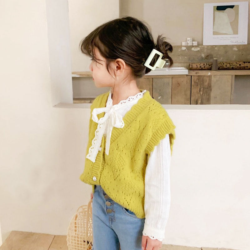 Girls Spring and Autumn Knitted Cardigan Vest 2022 New Autumn Clothing Children's Spring Style Western-style Wool Vest Jacket Trendy
