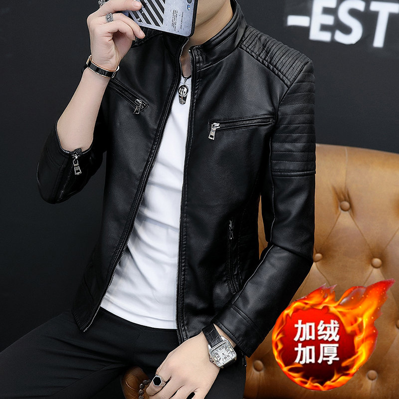 Men's leather jacket new 2021 Spring and autumn plus suede thickened Korean version trendy autumn fitted locomotive clothes men's leather jacket