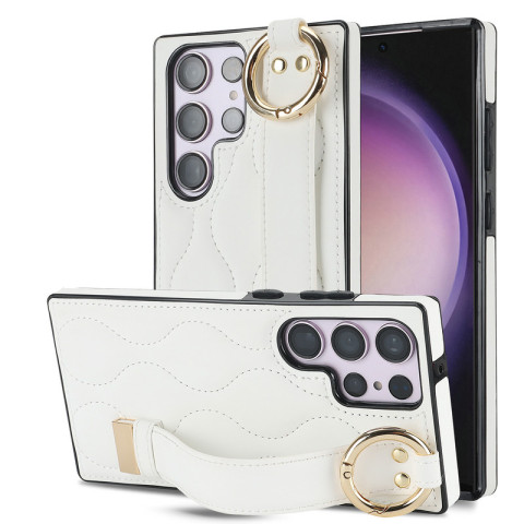 White — New Quilted Leather Hand Band Strap Kickstand Function S23, S23 Plus, S23 Ultra, S22, S22 Plus, S22 Ultra, Note 20