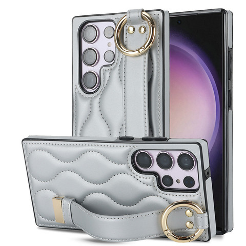 Silver — New Quilted Leather Hand Band Strap Kickstand Function S23, S23 Plus, S23 Ultra, S22, S22 Plus, S22 Ultra, Note 20