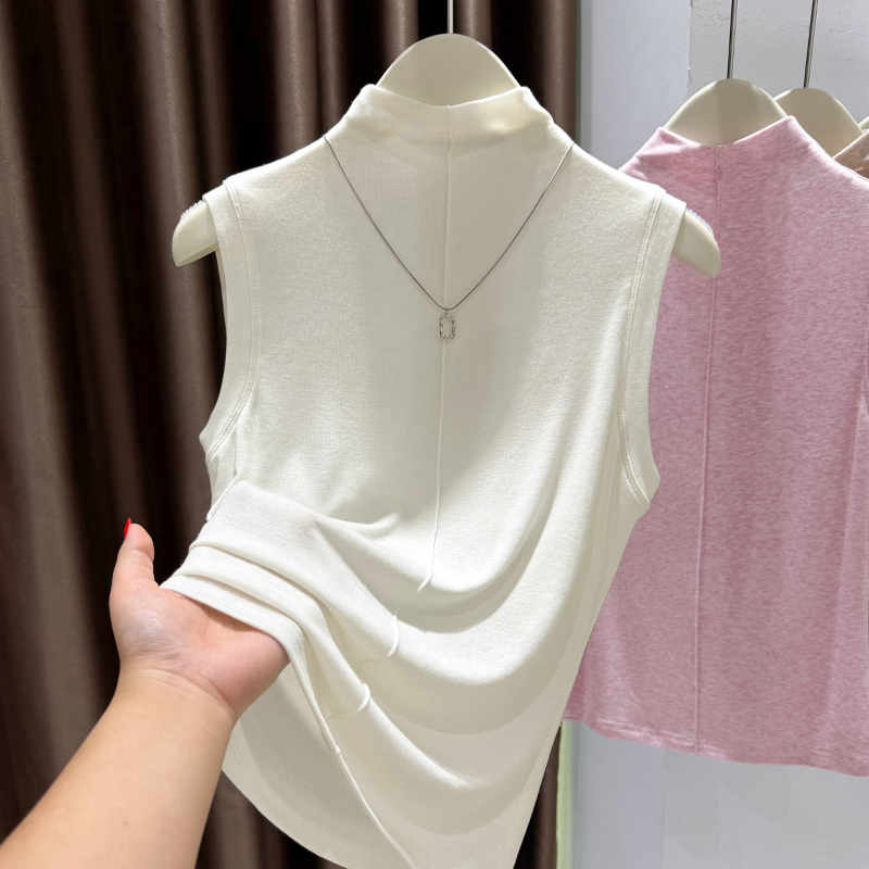Super Stylish Off-White Color, Suitable for Outerwear, Half-High Collar Lyocell Sleeveless Tank Top T-Shirt for Women, Autumn Slim-Fit Base Shirt Top