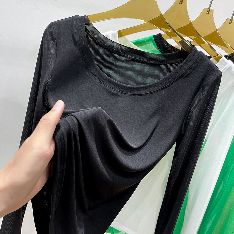 Black Transparent Double-Layer Mesh Bottoming Shirt for Women in Autumn and Winter, Low-Neck Long-Sleeved T-Shirt, Sexy Gauze Lace Top Black Transparent Double-Layer Mesh Bottoming Shirt for Women in Autumn and Winter, Low-Neck Long-Sleeved T-Shirt, Sexy Gauze Lace Top