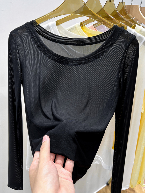 Black Mesh Base Shirt for Women, Spring and Autumn Long-Sleeve T-Shirt, Low-Neck Transparent Gauze Top, Thin Inner Layer Lace Blouse with a High-End Feel Black Mesh Base Shirt for Women, Spring and Autumn Long-Sleeve T-Shirt, Low-Neck Transparent Gauze Top, Thin Inner Layer Lace Blouse with a High-End Feel