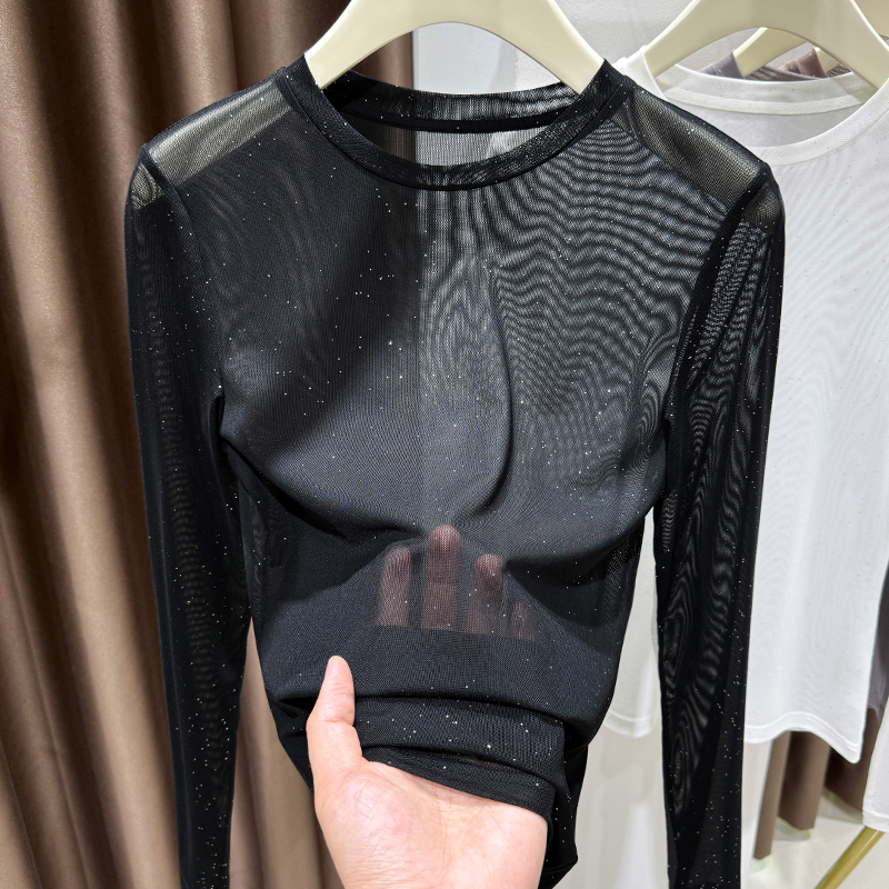 Elegant Shiny Silk Round Neck Long-Sleeve Base Layer Women's Spring and Autumn Thin Sheer Lace T-Shirt Black Slim-Fit Top
