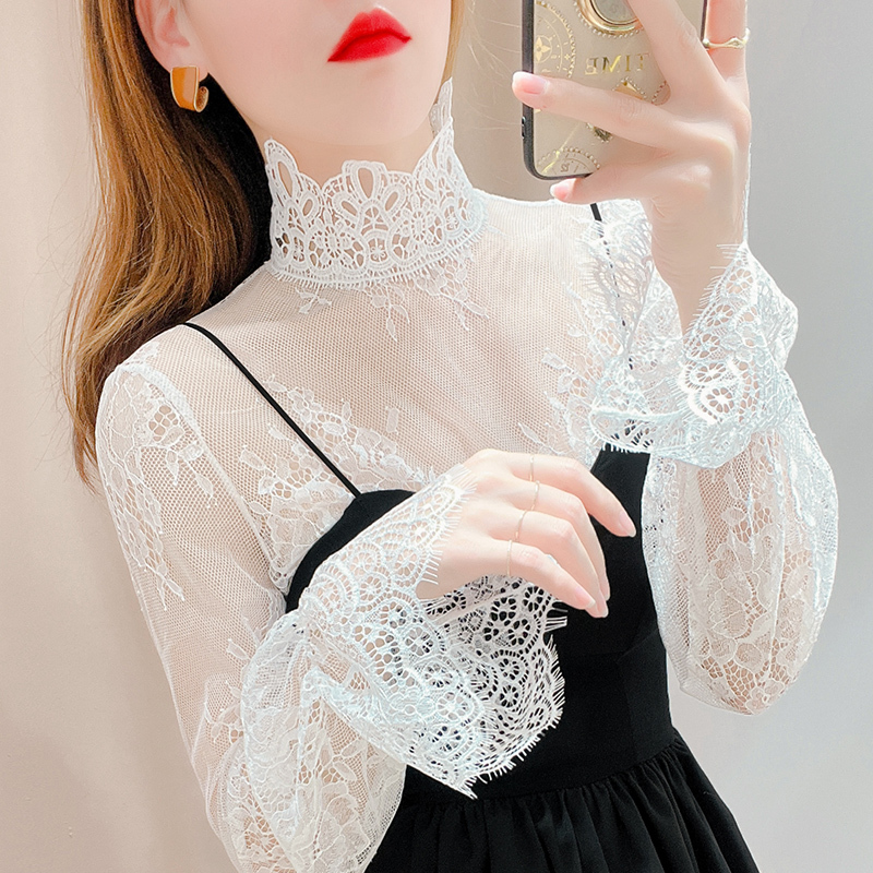 Transparent High-Neck Lace Base Shirt for Women, Stylish Spring and Autumn Inner Wear, Sexy Sheer Blouse with Eyelash Lace, Long-Sleeved Mesh Top