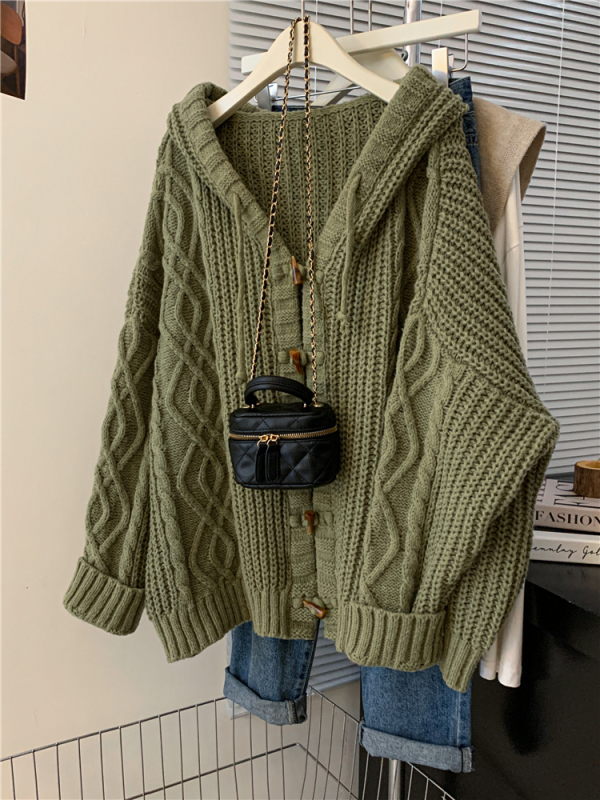 Fat Sister Style Hooded Long-Sleeved Sweater with Horn Buttons, Women's Autumn and Winter 2026 New Large Size Knitted Sweater Jacket Top Fat Sister Style Hooded Long-Sleeved Sweater with Horn Buttons, Women's Autumn and Winter 2026 New Large Size Knitted Sweater Jacket Top