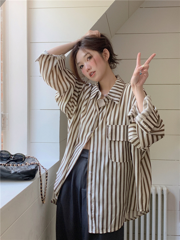 Plus-Size Loose Striped Polo Collar Long-Sleeve Sun-Protective Shirt for Women, New Thin Summer Jacket Shirt Trendy Plus-Size Loose Striped Polo Collar Long-Sleeve Sun-Protective Shirt for Women, New Thin Summer Jacket Shirt Trendy