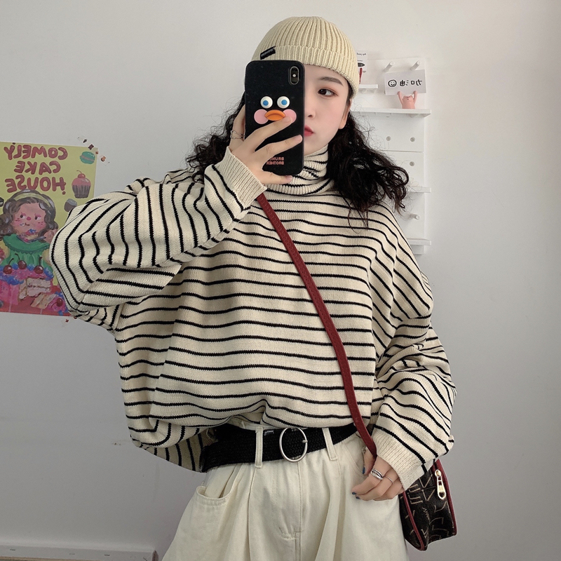 Plus-Size Women's Autumn and Winter 2026 New Striped Turtleneck Sweater, Loose and Thick Knit Top for Layering