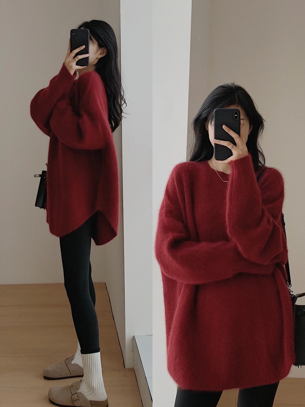 Fat Sister Red Thick Knitted Sweater for Women, Autumn and Winter 2026 New Style, Large Size Loose Inner Layering Top