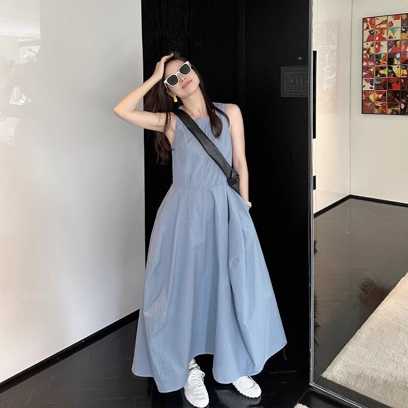 French-Style Sleeveless Round-Neck Tank Dress, Elegant Casual Style, Sporty Back Zipper Sleeveless Long Dress for Women