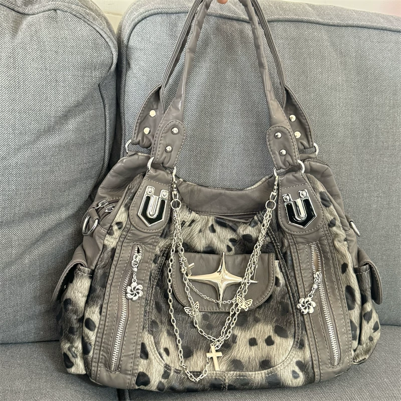 One-Shoulder Retro Spacious Bag, leopard-print faux leather with chains and crossbody strap