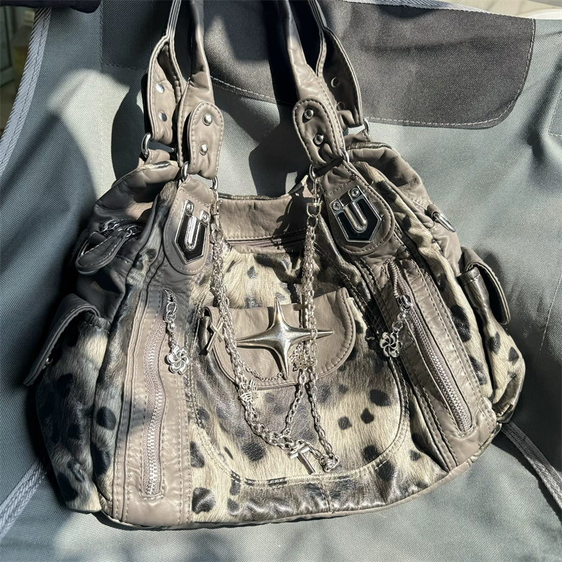 One-Shoulder Retro Spacious Bag, leopard-print faux leather with chains and crossbody strap