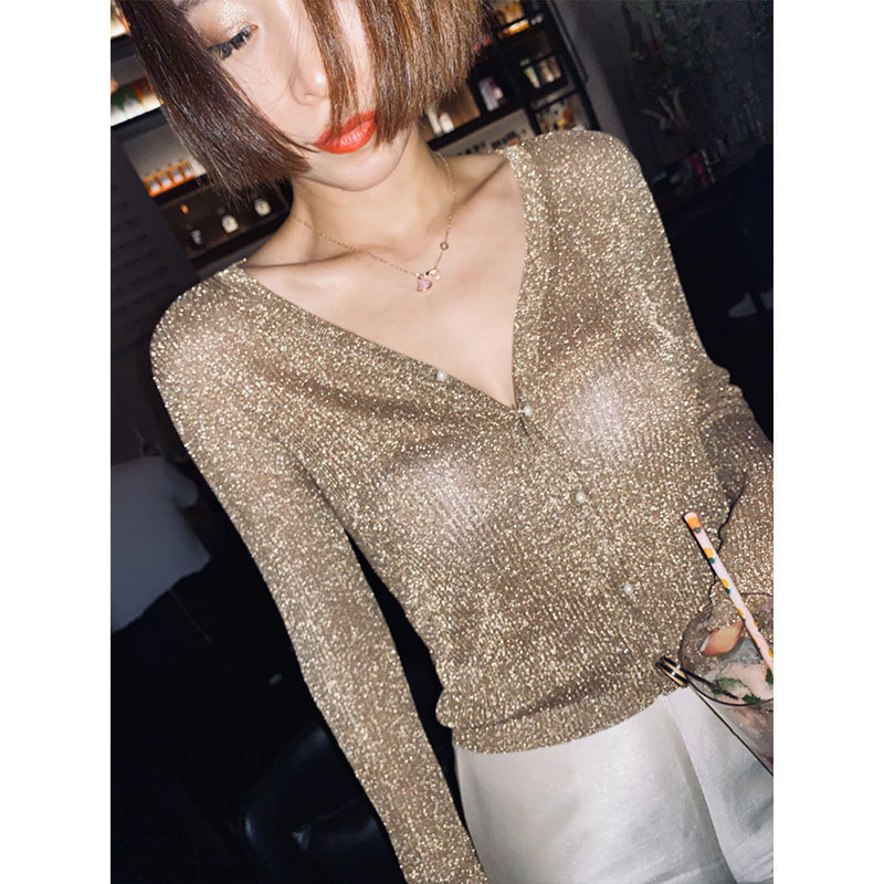 European Station 2025 Autumn/Winter New V-Neck Shiny Knit Cardigan for Women, Spring and Autumn Thin Outerwear Sweater Jacket Top
