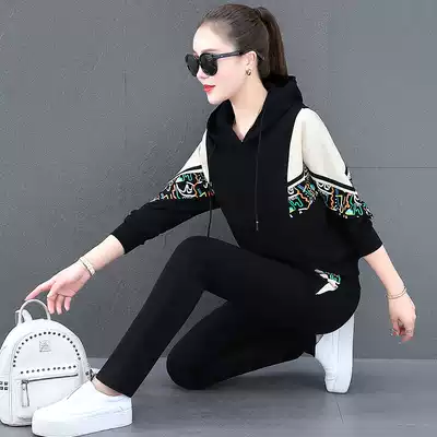 Spring and Autumn Set 2021 New Women Fashion Color Cotton Calf Pants Chaoyang Pie Age Reduction Leisure Two Piece Sportswear