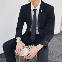 Striped mens suit three-piece British business casual suit Korean version slim professional formal autumn and winter style