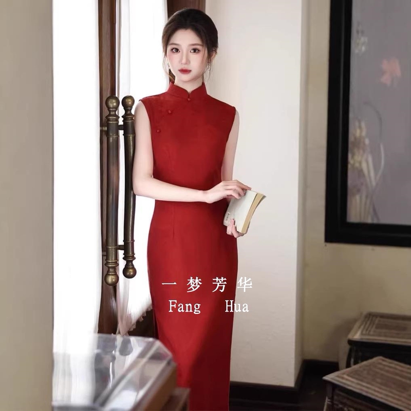 2026 Red Sleeveless Jacquard Spring/Summer Qipao Dress for Toasting, New Style for Homecoming and Engagement, Slimming and Elegant Dress