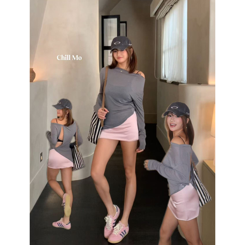 Chillmo｜Off-Shoulder Long-Sleeve T-Shirt for Women, Spring and Summer Thin Style, Loose and Versatile, Sexy and Slimming Backless Top
