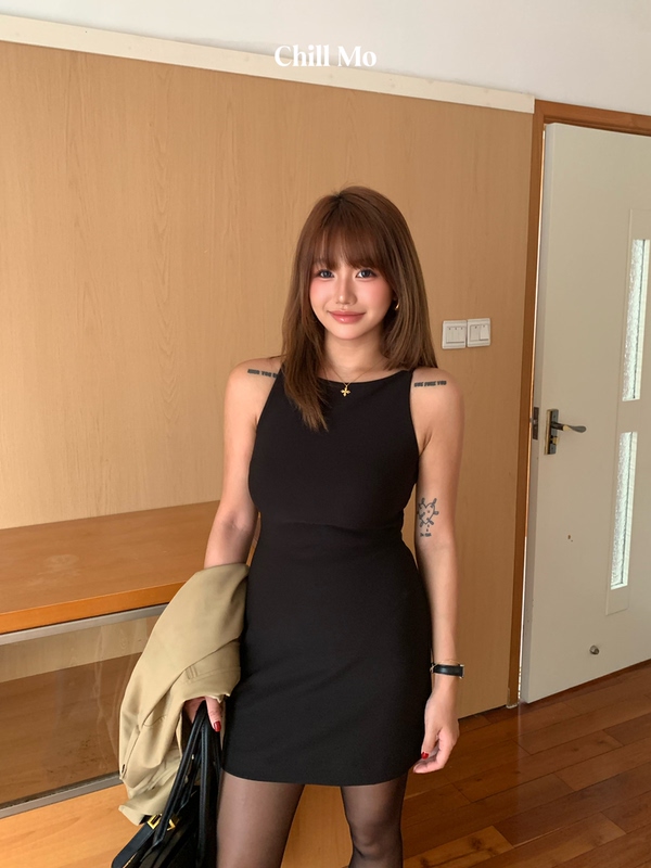 Chill Mo Rachel Dress! Black Sleeveless Boat Neck Elegant Dress for Women, Autumn Slim Fit Bodycon Dress