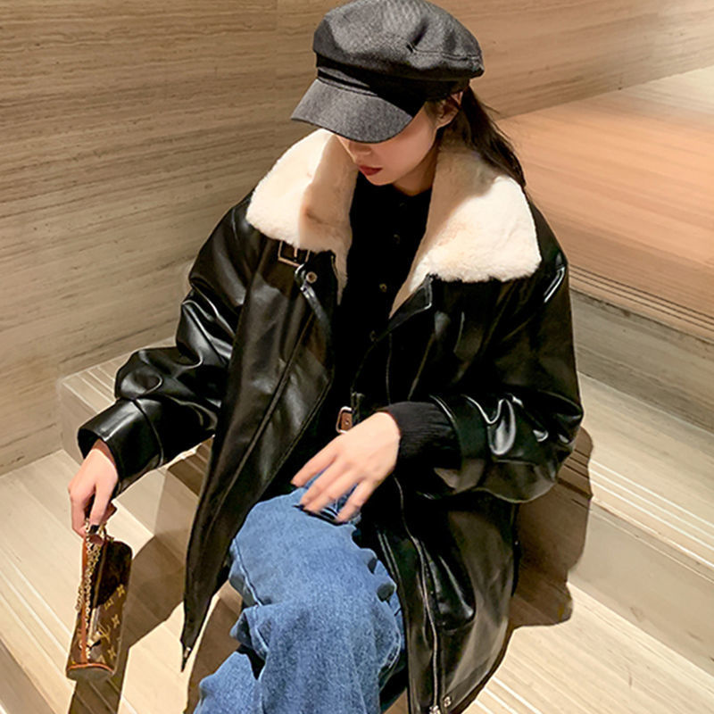 Plus-Size Fleece-Lined Leather Jacket for Women, 2020 Winter New Style, Loose-Fitting, Warm, Thick Leather Jacket, Trendy