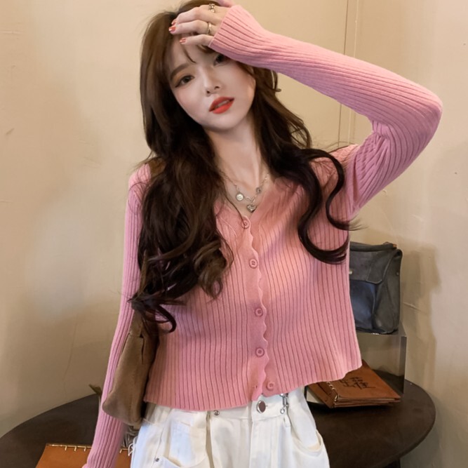 Pink Short Jacket for Women, Spring and Autumn Long-Sleeved Knit Cardigan, Outerwear, Thin, Stylish, Versatile, Slim-Fitting Top