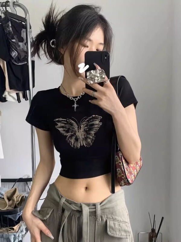 American-Style Black Regular Shoulder Butterfly Short-Sleeve T-Shirt for Women, Summer Slim-Fit, Flattering, Sweet and Spicy Girl Style, Cropped Tight Top