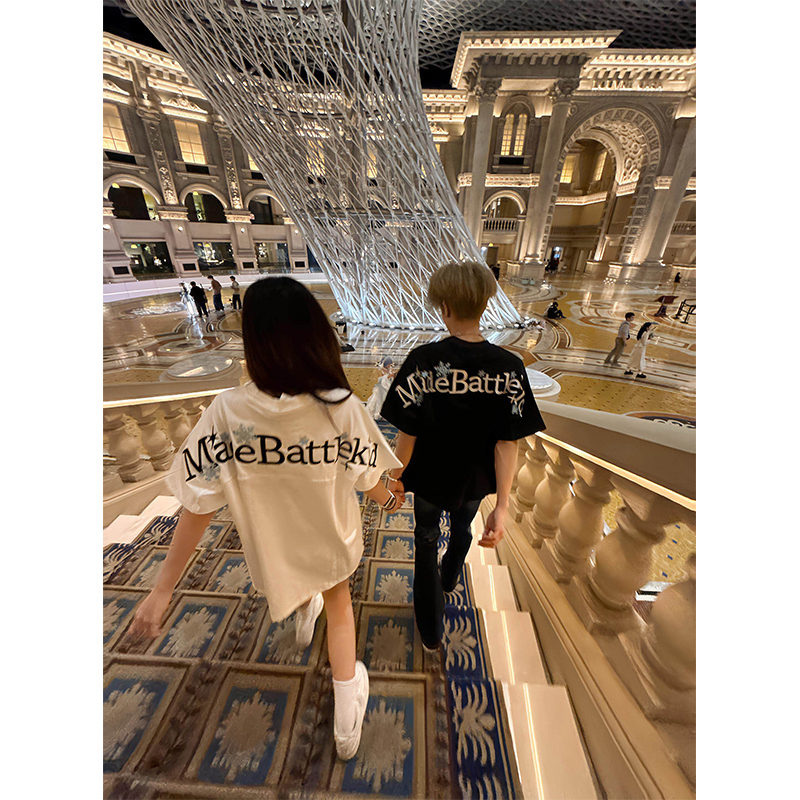 American-Style National Trend Couple's Outfit Snowflake Letter Embroidery Short-Sleeve T-Shirt Summer Loose Design Lazy Pure Cotton Top
