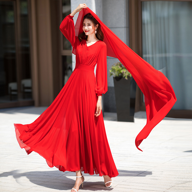 Bright Red Chiffon Beach Dress, Extra-Long Dress, Summer Seaside Vacation Long-Sleeved Dress with a Large Hem, Super Fairy-Like Long Dress, Flowing