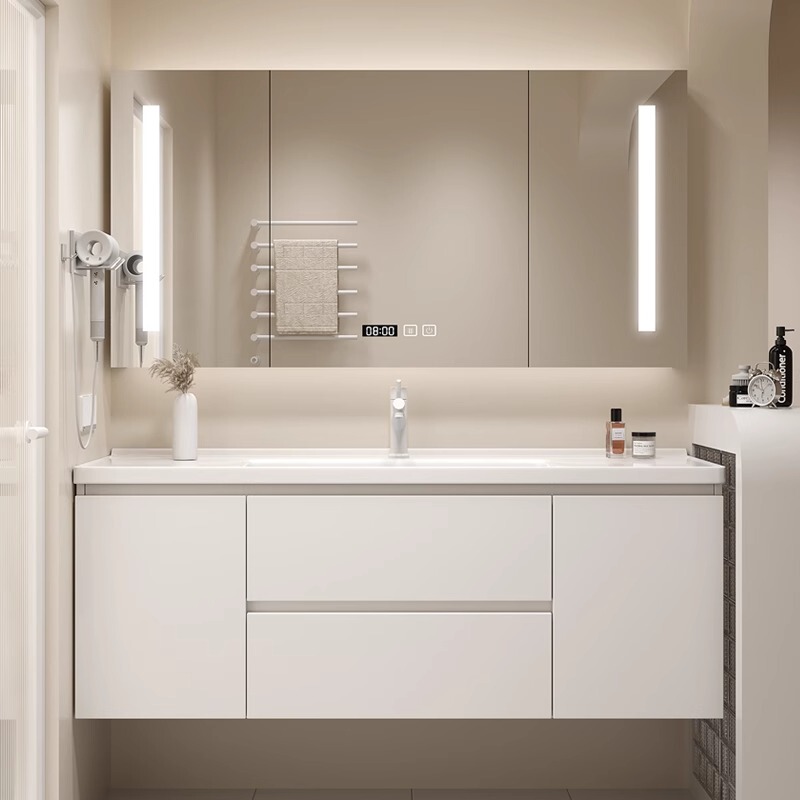 Cream-Style Bathroom Cabinet Set with Integrated Ceramic Basin, Washbasin, Bathroom Vanity, Solid Wood, Light Luxury Bathroom Furniture