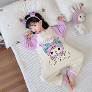 女童纯棉长袖防踢连身睡衣儿童女宝宝春秋季薄款防着凉睡袋家居服