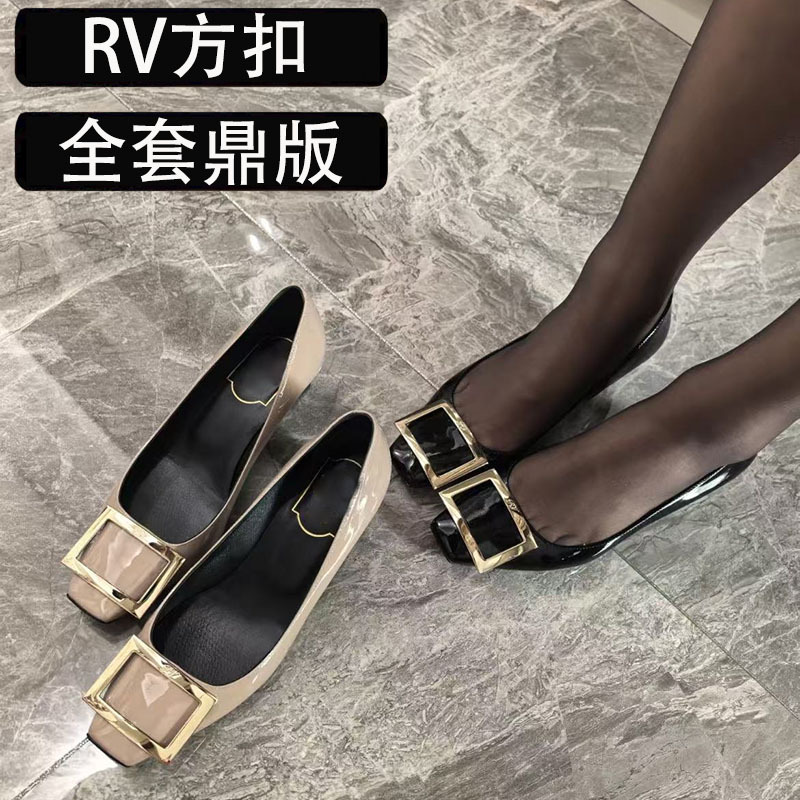 Tested Version/Rv Square Buckle High Heels Rv Women's Shoes Patent Leather Wedding Shoes Sheepskin Classic Square Toe Shallow Mouth Chunky Heel Single Shoes Tested Version/Rv Square Buckle High Heels Rv Women's Shoes Patent Leather Wedding Shoes Sheepskin Classic Square Toe Shallow Mouth Chunky Heel Single Shoes