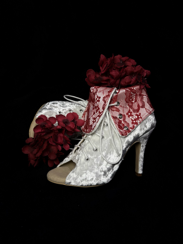 Issooa《Swan》 Original Lace Spliced Velvet High-Heeled Short Boots Professional Heels Dance Shoes in White and Red Color