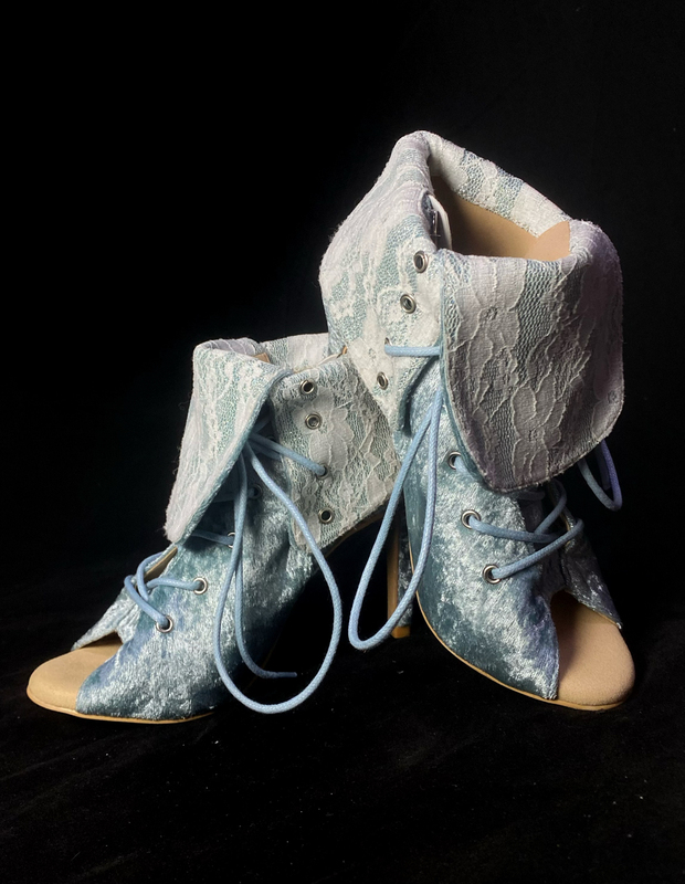 Issooa《Swan》 Original Lace Spliced Velvet High-Heeled Short Boots Professional Heels Dance Shoes Mint Blue Glitter