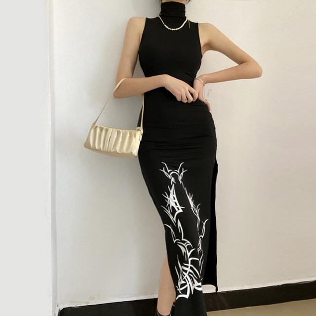 2024 ຮູບແບບຈີນໃຫມ່ stand collar sleeveless ແອວສູງ slit ພາຍໃນໃກ້ຊິດ hip wrap dress feminine lengthened skirt